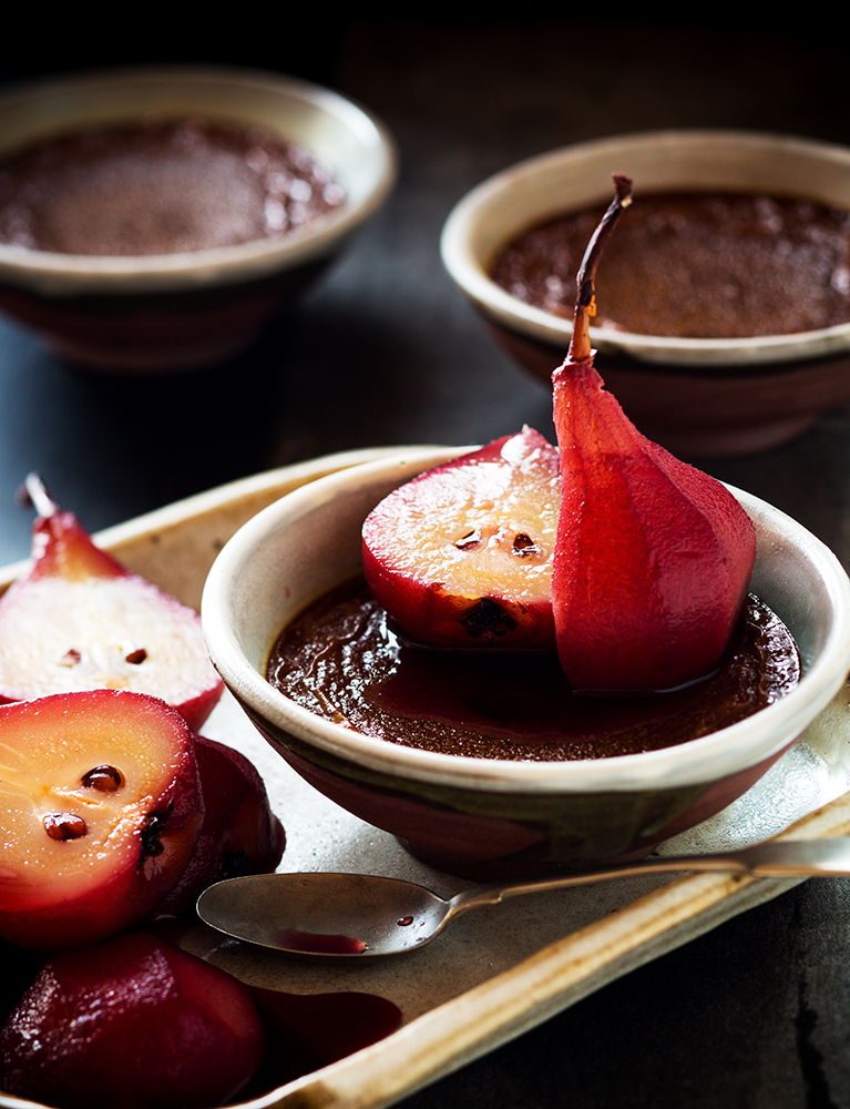 Hot Chocolate Custard with Red Wine Pears photograph by Babiche Martens www.babichemartens.com