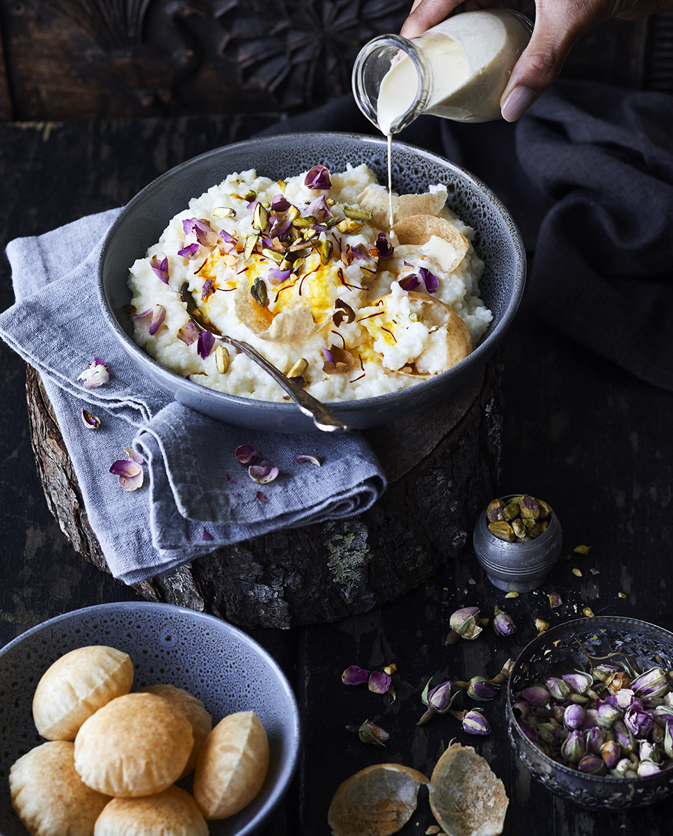 Kheeraj with Rose Petals & Pistachios. My Indian Cookbook by Ashia Ismail Singer. Published by Potton & Burton.