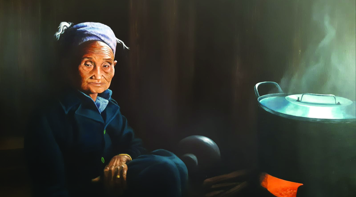 The Cooking Pot. A portrait painted by Abby Collins of an old women in a remote Laotian village.