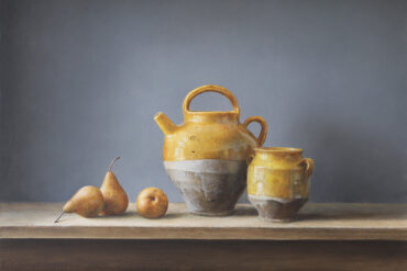 ‘PEARS AND YELLOW POTS’, ACRYLIC ON BOARD