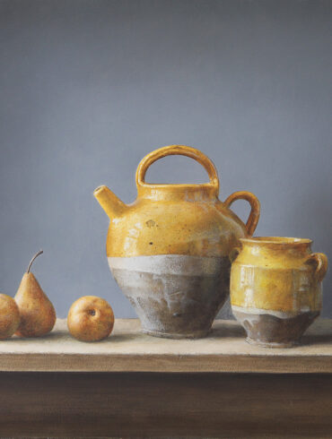 ‘PEARS AND YELLOW POTS’, ACRYLIC ON BOARD