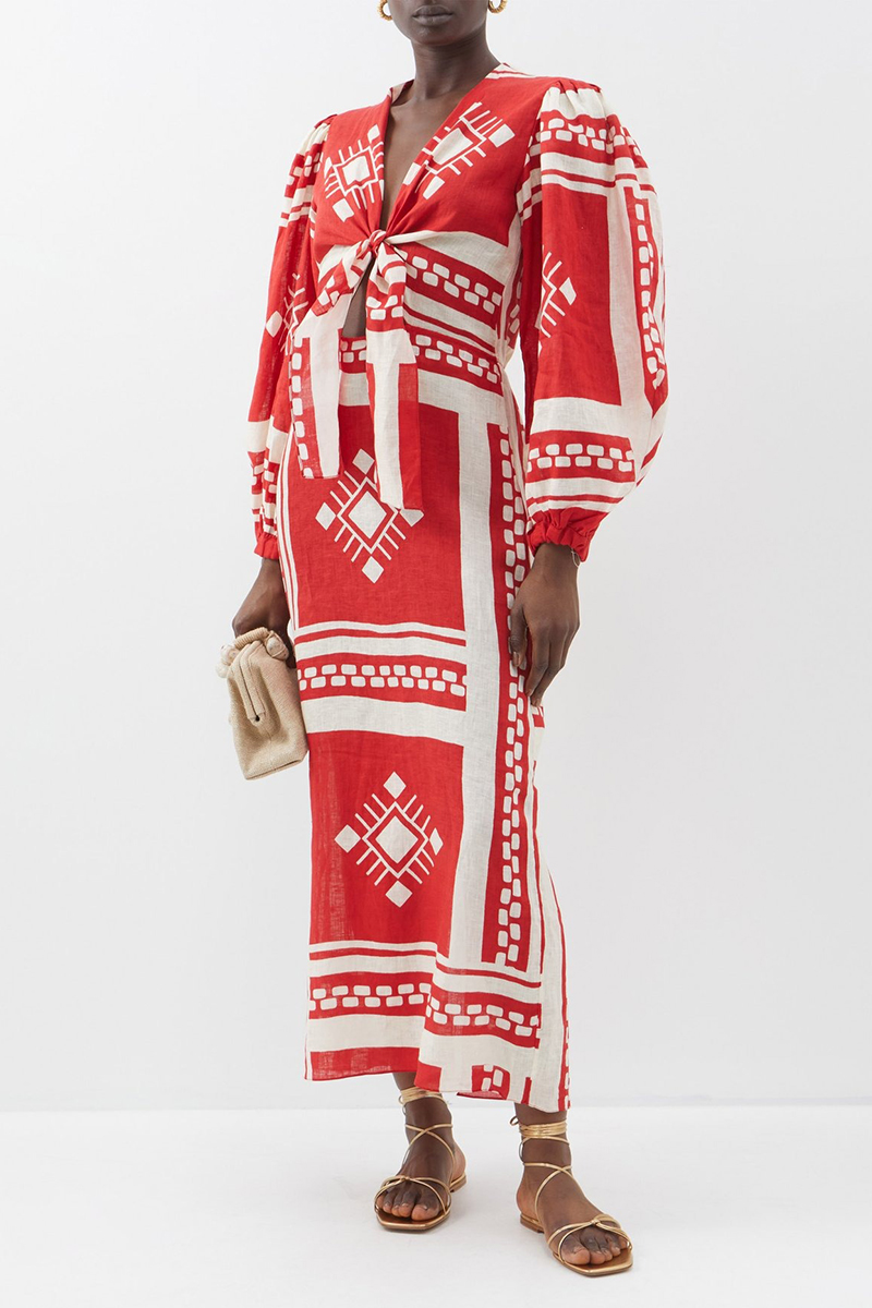 Johanna Ortiz Sun Goddess Geometric-Print Linen Maxi Dress