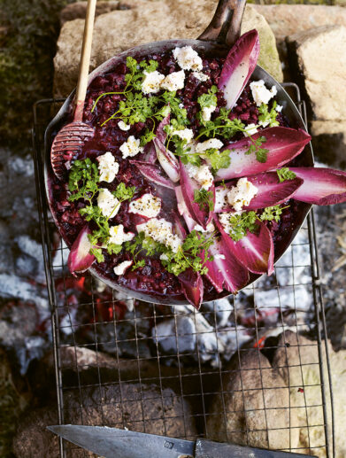 Beetroot Speltotto with Goat’s Cheese and Chicory