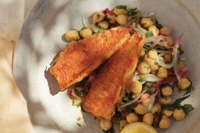 Crispy fried red mullet with chickpea & red onion salad