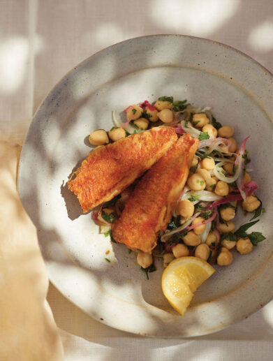 Crispy fried red mullet with chickpea & red onion salad