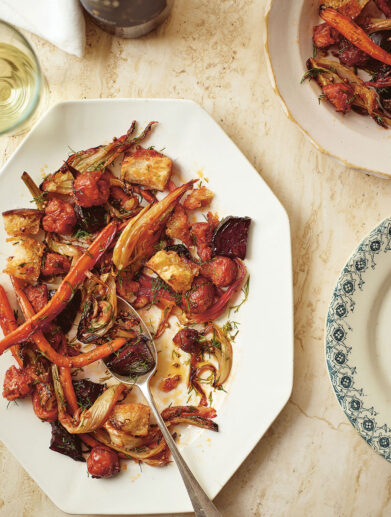 Roast root veg with chorizo & bread